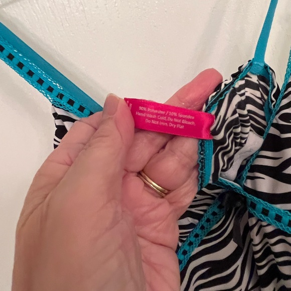 Pucker Up Lacey Zebra Print With Turquoise Blue Lace Trim.  Flouncy Tiered Hem L - Picture 8 of 9